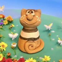 Vidám kerámia cica toll tartó asztali dísz, cica levélnehezék, szobadísz, vidám tolltartó macska