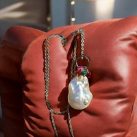 Tourmaline and Baroque Pearl Pendant Necklace, Baroque Pearl Gemstone Collar  Rhodium Steel Necklace