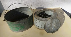 Antik bádog csali haltartó edény (kétrészes, kiemelhető, horgász)
