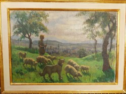 Krizsánné Csikós Antónia - Legeltetés, háttérben Nagybánya