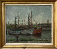 Harbor scene with ships - framed signed oil painting