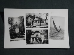 Képeslap,Balatonszárszó,mozaik,SZOT üdülő,Balaton part,vitorlás,Józef Attila szobor,részlet,1957-