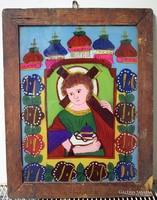 Antik festett erdélyi üveg kép ikon 36 x 46 cm magyar keresztény néprajz