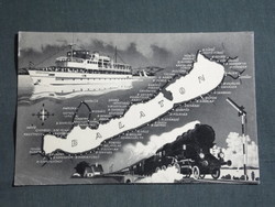 Képeslap,Balaton települések,grafikai térképes,hajó,gőzmozdony, Farnadi Frigyes,1961-