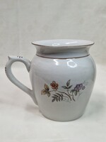 Régi Hollóházi virágmintás jelzett porcelán hasas bögre szép állapotban 11 cm. magas
