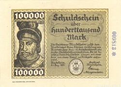 100000 100 ezer márka 1923.08.01. Németország MMindelheim UNC