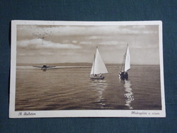 Képeslap,Balaton,Hidroplán repülőgép a vizen,vitorlás,Monostori Bp. kiadás,1940-   ,barna,