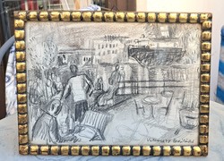 Bényi László: Velence, 1948 (ceruzarajz arany keretben) életkép, Olaszország