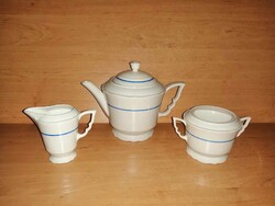 Manófüles Zsolnay porcelán kék csíkos teás kanna, tejkiöntő, cukortartó egyben (32/d)