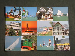 Képeslap,Balatonfenyves,mozaik,étterem,büfé,szálló,strand,üzletek,kisvasút látkép,részlet, 2000-