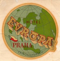 Hotel címke, bőröndcímke. Hotel Evrópa, Prága.