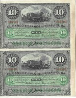 2 x 10 peso pesos 1896 Kuba spanyol bank ívben hátul PLATA felülbélyegzés UNC