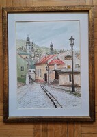 Selmecbányai óváros, tus akvarell (Selmecbánya,Selmeczbánya, Schemnitz, Banska Stiavnica)
