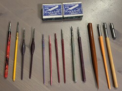 Ritka! Írószergyár tustoll készlet 13 db tollszár heggyel, 2 doboz bontatlan tollhegy 1965