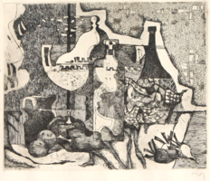 Túry Mária: Csendélet (rézkarc) modern - Szőnyi-tanítvány, Kádár György felesége