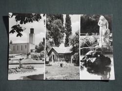 Képeslap,Balatonboglár,mozaik,templom,park,üdülő,vízbe lépő nő szobor látkép,részlet, 1960-