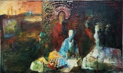 190x100cm !! Farkas Mihály (1952 - 2015) Hommage á Kondor Béla c olajfestménye EREDETI GARANCIÁVAL !