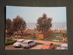 Képeslap,Balatonszabadi,sóstó strand, látkép,részlet,parkoló,Wartburg autó, 1980-