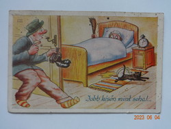 Régi grafikus humoros üdvözlő képeslap - Jobb későn, mint soha!.... Kaszás Jámbor  rajz