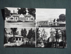 Képeslap,Balatonszemes,mozaik,SZOT üdülő,bagolyvár,hajóállomás,kikötő,vasútállomás részlet, 1957-