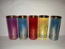 Retro aranyszélű színes üveg csőpohár - 5 db egyben -11,5 cm magas (b-1)
