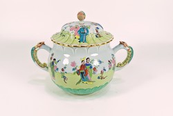 HERENDI, ANTIK KÍNAI KELETI CSUNG VERT MINTÁJÚ CUKORTARTÓ, KÉZZEL FESTETT PORCELÁN (B177)