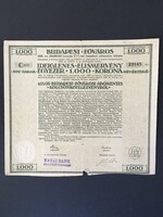 Budapest Főváros Ideiglenes Elismervény 1000 Korona 1920.
