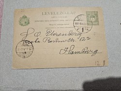 1901-es 5 Fillér díjjegyes levelezőlap UPU Fiume-Hamburg