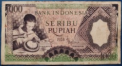 Ritka! Indonézia 1000 Rúpia / Rupiah 1958, F+.