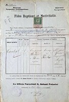 Triest 1873 Születési nyilatkozat. Plébánia pecséttel ellátva.