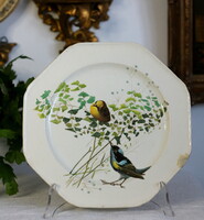 Antik angol fajansz, Brown-Westhead & Moore lapos tányér, madár, az 1860-as évekből (4)