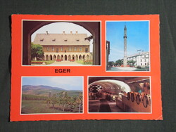 Képeslap,Eger,mozaik,múzeum,minaret,Agria Taverna borozó,étterem látkép,részlet, 1981-