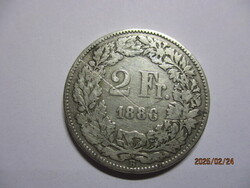 Helvetia ezüst  2 Frank  1886B  Nagyon ritka, VF/XF #