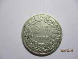 Helvetia ezüst  2 Frank  1908B  Nagyon ritka, VF/XF #