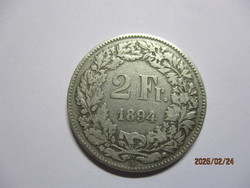 Helvetia ezüst  2 Frank  1894A  Nagyon ritka, VF/XF