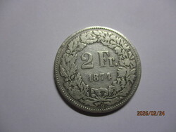 Helvetia ezüst  2 Frank  1874B  Nagyon ritka, VF/XF