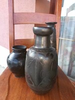 Népi karcagi fekete kerámia készlet   - karácsonyfa - madár - virág minta