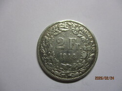 Helvetia ezüst  2 Frank  1914B  Nagyon ritka, XF