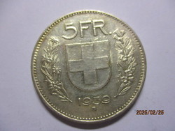 Helvetia ezüst  5 Frank  1939B  Nagyon ritka, VF/XF  #