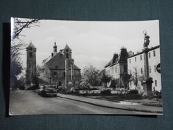Képeslap,Gyöngyös,Lenin út,Szovjet hősi emlékmű,park,templom,autó látkép részlet, 1960-