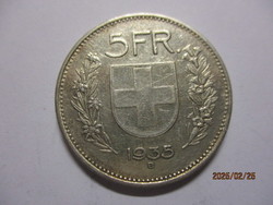 Helvetia ezüst  5 Frank  1935B  Nagyon ritka, VF/XF  #