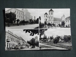 Képeslap,Gyöngyös,mozaik,Fő tér,autóbusz megálló,gimnázium,park,templom látkép részlet, 1960-