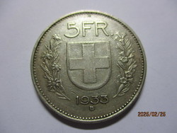 Helvetia ezüst  5 Frank  1933B  Nagyon ritka, VF/XF