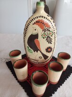 Karcagi kerámia  butella öt pálinkás pohárral madaras mintával, frappáns versikével !