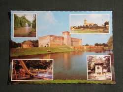 Képeslap,Gyula,mozaik,Vár,csónakázó tó,várfürdő strand,díszkút látkép,részlet, 1984-