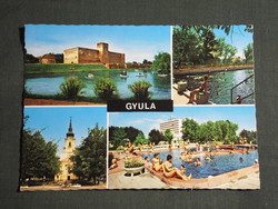 Képeslap,Gyula,mozaik,Vár,várfürdő strand,templom,utca látkép,részlet, 1980-