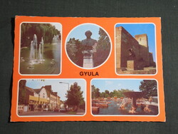 Képeslap,Gyula,mozaik,Körös szökőkút,Erkel szobor,vár,mozi,strand látkép,részlet, 1981-