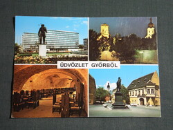 Képeslap,Győr,mozaik,Tanácsköztársaság emlékmű,Püspöki palota,Vaskakas taverna látkép,részlet,1971-