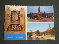 Képeslap,Győr,mozaik,Rába part,templom,városháza látkép,részlet,1980-