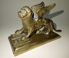 Régi vintage antik réz fém Szent Márk velencei szárnyas oroszlán figurális szobor figura evangélista